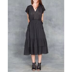 Ulla Johnson Pauline Midi Dress Black Crochet Tiered Cotton Size 8